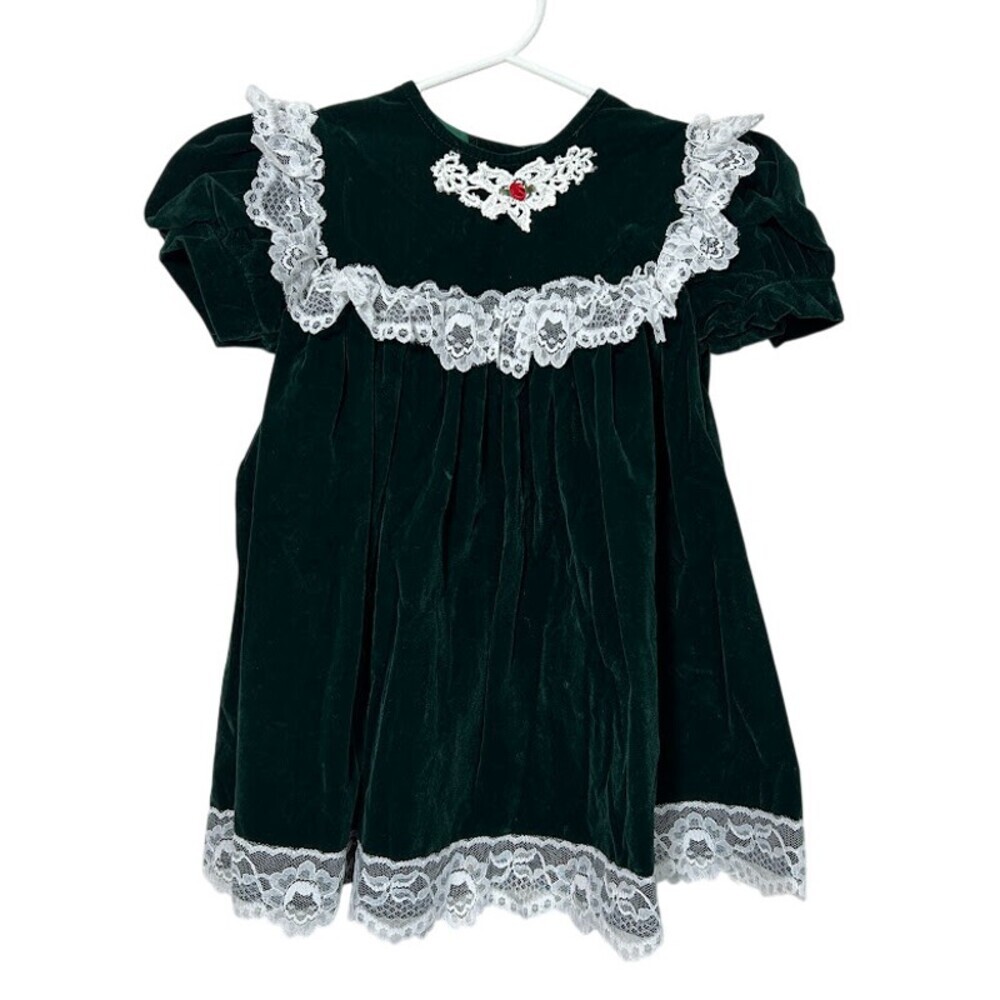 VTG Jo Lene Toddler Girl Dress 4T Green Velvet Collar Lace Trim Made in USA